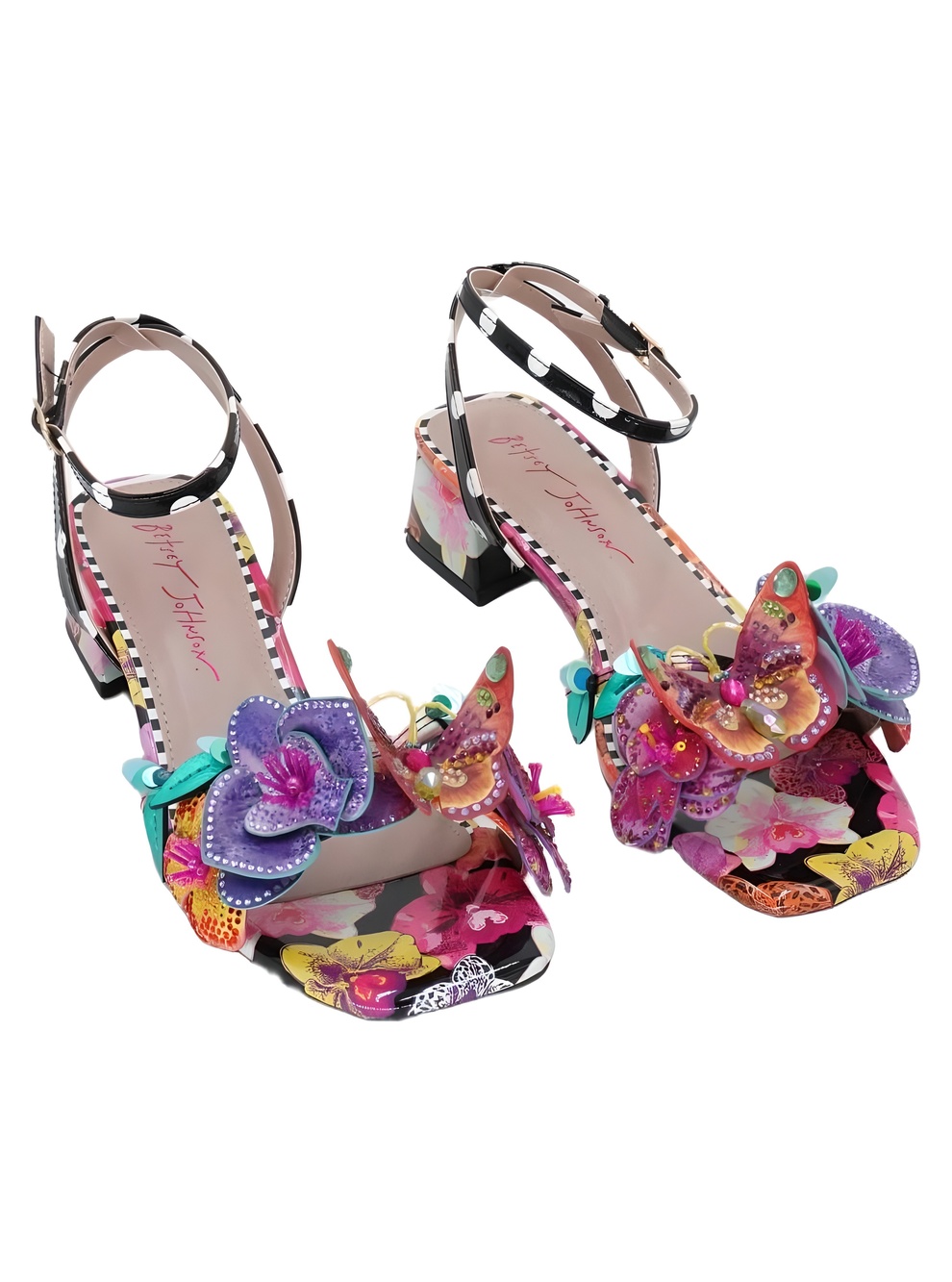 Betsey Johnson Maranda Black Multi Floral Butterfly Applique Block Size 6.5M